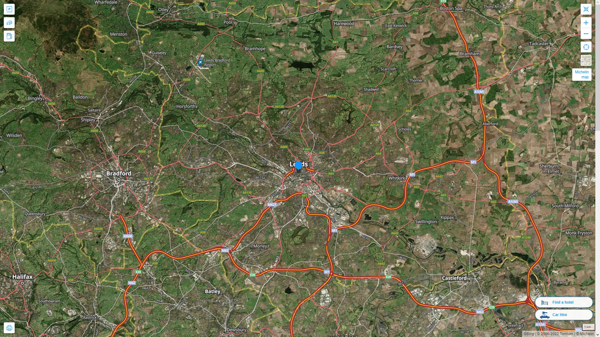 Leeds Royaume Uni Autoroute et carte routiere avec vue satellite